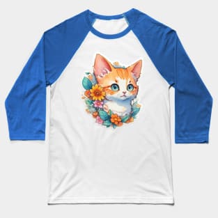 Cute Ginger Cat in watercolour with floral design Baseball T-Shirt